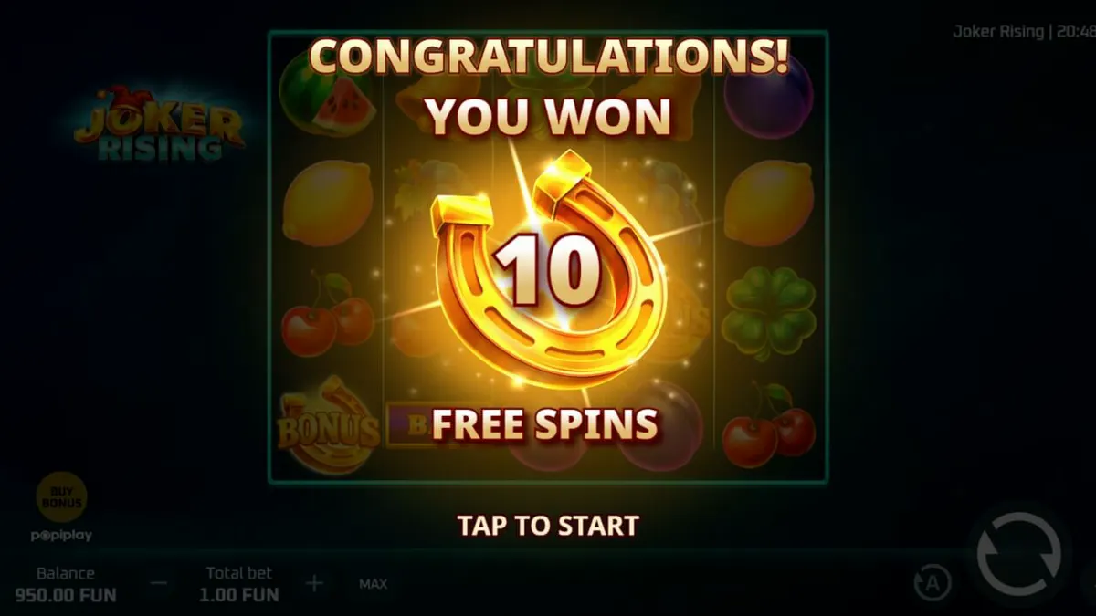 Tampilan visual mesin slot Joker Rising dengan simbol buah neon dan karakter Joker