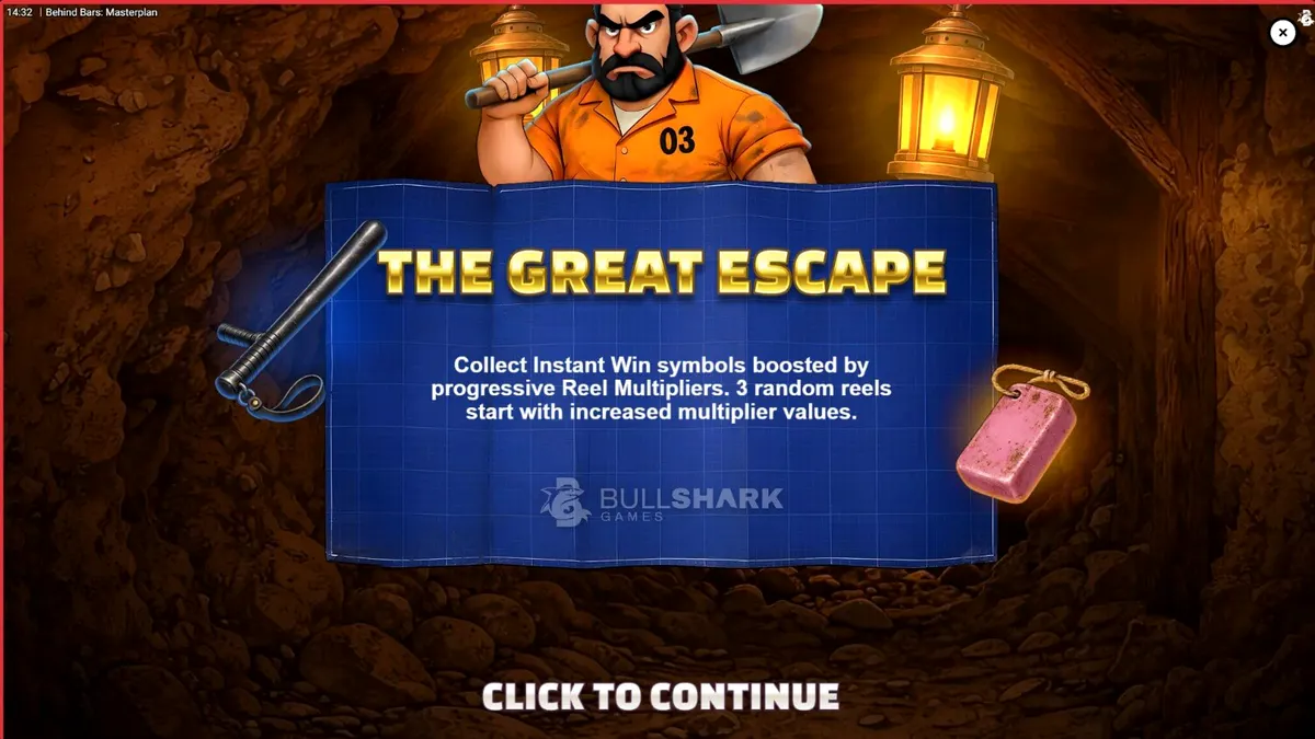 Tampilan visual slot Behind Bars Masterplan dengan tema penjara kartun