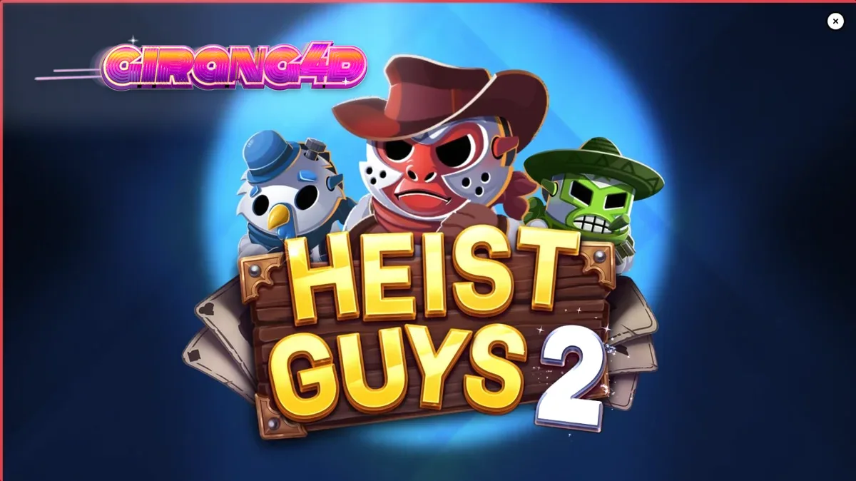 Tampilan visual slot Heist Guys 2 dengan latar belakang gurun dan karakter bandit koboi.